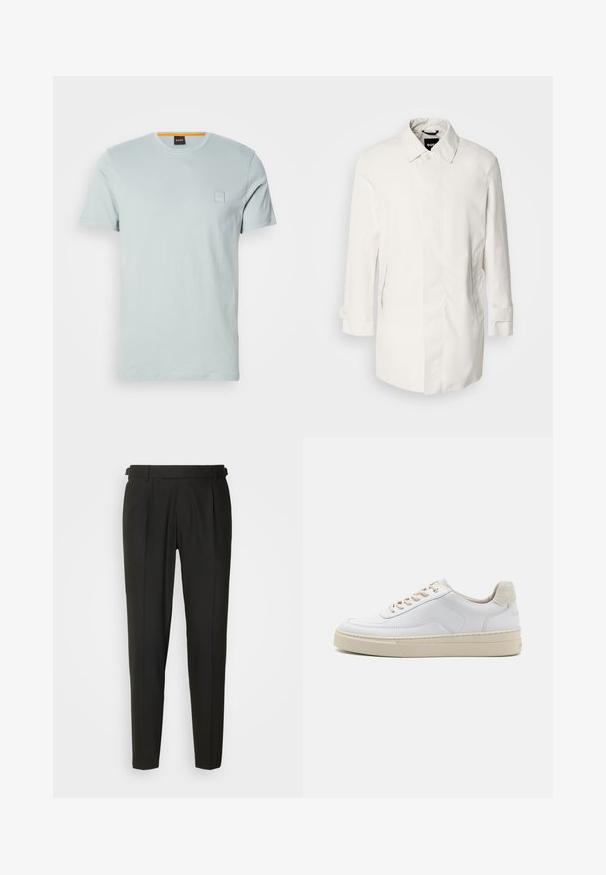 Witte, middellange jas met een knoopsluiting, puntkraag en twee zijzakken. Gemaakt van soepele, lichtgewicht stof met opgerolde manchetten.; Lichtblauw katoenen T-shirt met korte mouwen, ronde hals en subtiele logopatch op de linkerkant van de borst. Gladde textuur en reguliere pasvorm.; Zwarte op maat gemaakte broeken met een vlakke voorkant, twee plooien, riemlusjes en een rechte pijpdesign. Gemaakt van een gladde, lichtgewicht stof.; Witte sneaker met een gevoerd leren bovenwerk, beige veters en een gestructureerde beige suede hieltab. Verhoogde zool voor extra hoogte.