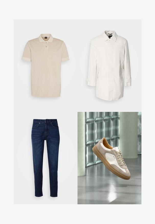 Valkoinen, keskipitkä takki nappikiinnityksellä, kärkitaskuilla ja kahdella sivutaskulla. Valmistettu sileästä ja kevyestä materiaalista, jossa on käännetyt hihansuut.; Vaaleanbeige polo-paita, joka on valmistettu pehmeästä puuvillasta. Siinä on klassinen kaulus, kaksi nappia ja pieni brodeerattu logo rinnassa.; Tummansinisiä farkkuja suoran lahkeen muotoilulla, joissa on taskut ja napitus vyötäröllä. Pehmeä tekstuuri, minimaalista kulumista.; Beige ja valkoinen lenkkari, jossa on ruskea pohja ja "BOSS"-logo, roikkuen heijastavan sileän lattian yläpuolella, taustalla lasiharkkoseinä.