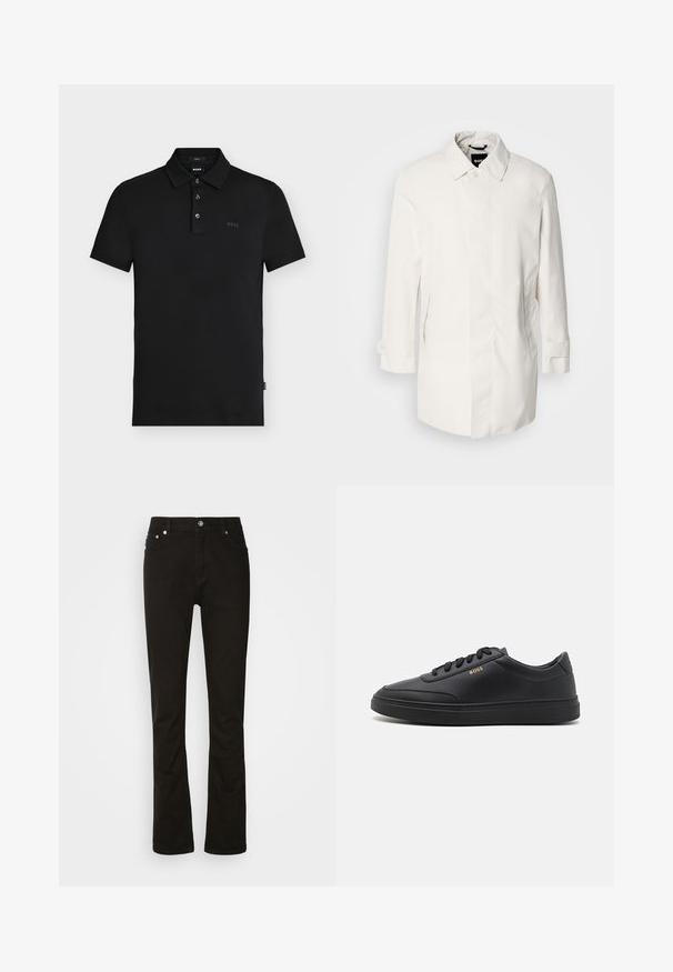 Hvid, mellemlang frakke med knaplukning, spidse kraver og to sidelommer. Fremstillet af glat, let materiale med opretstående manchetter.; Sort slim-fit polo skjorte med tre knapper, korte ærmer og diskret "BOSS" logo på brystet og indersiden af kraven.; Sorte denimjeans med lige ben-design, der har frontlommer, lynlåsgylpter og sølvfarvede hardware-detaljer. Glat tekstur, ingen mønstre.; Sorte lædersneakers med en glat overflade, rund tå, flad gummisål og tonede snørebånd. Udstyret med guld "BOSS" branding på siden.