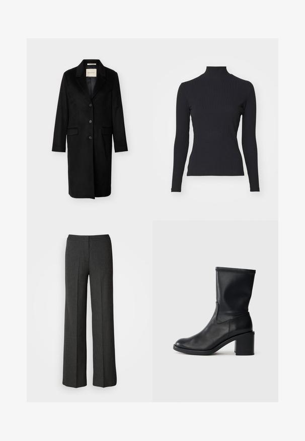 Abrigo de lana negro de longitud media con solapas de muesca, tres botones delanteros, bolsillos con solapa y mangas largas.; Top negro de cuello alto con costillas y mangas largas. Fabricado con una tela elástica con forma ajustada y cuello alto. Diseño simple sin adornos.; Pantalones de pierna ancha en gris oscuro, hechos de tejido texturizado. Cuentan con una cinturilla ajustada y un sutil patrón de rayas.; Botín negro de cuero hasta el tobillo con punta redonda, textura suave y tacón grueso, que presenta un eje ajustado y un sutil detalle de costura.