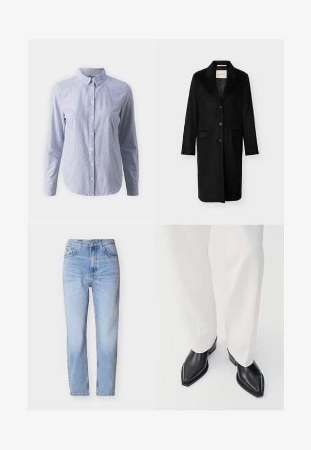 Zwarte wollen jas van middellange lengte met inkeping revers, drie knopen aan de voorkant, klepzakken en lange mouwen.; Overhemd met knopen in blauw en witte verticale strepen; lange mouwen, kraag en een gladde katoenen textuur met een rechte zoom.; Lichtblauwe jeans met hoge taille en rechte pijpen, voorzien van knopen aan de voorkant, een ritssluiting en vijf zakken, afgebeeld op een witte achtergrond.; Zwarte puntige enkellaarzen met een gladde leren afwerking, lage blokhakken, gecombineerd met witte wijde broekspijpen. Eenvoudig en modern design.
