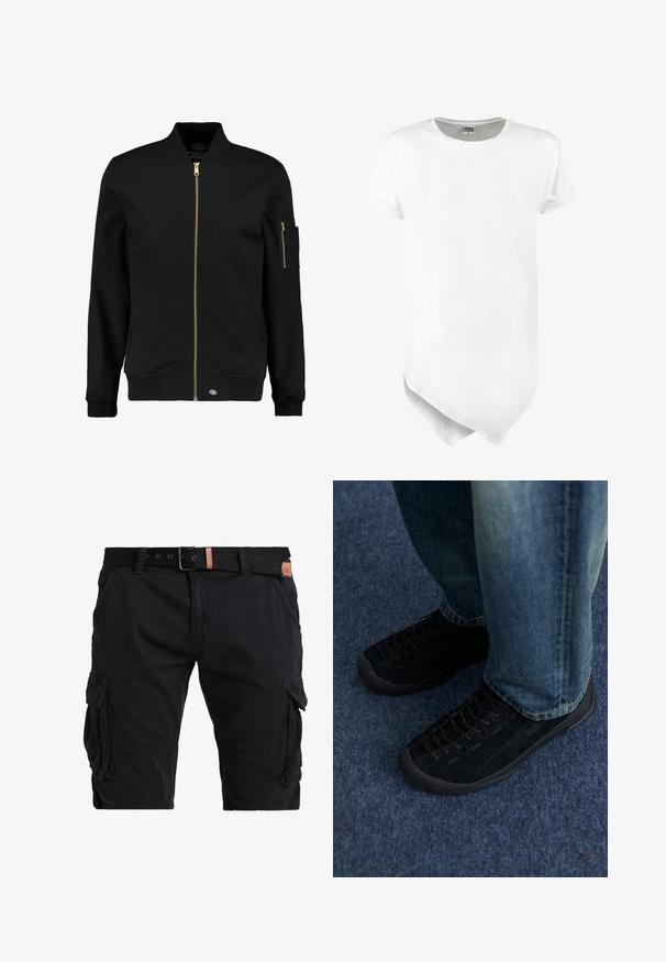 Chaqueta bomber negra con una cremallera dorada, puños acanalados y un bolsillo con parche en la manga izquierda. Confeccionada en una tela suave, presenta un corte relajado.; Camiseta blanca de manga corta con un cuello redondo y un dobladillo asimétrico, hecha de una mezcla de algodón con una textura suave.; Pantalones cortos de carga negros hechos de tejido duradero, que cuentan con múltiples bolsillos laterales, un diseño de costura reforzada y un cinturón negro con acento de cuero marrón.; Zapatillas de ante negro con superficie texturizada, cordones sutiles y suelas de goma duraderas, combinadas con jeans de denim azul.