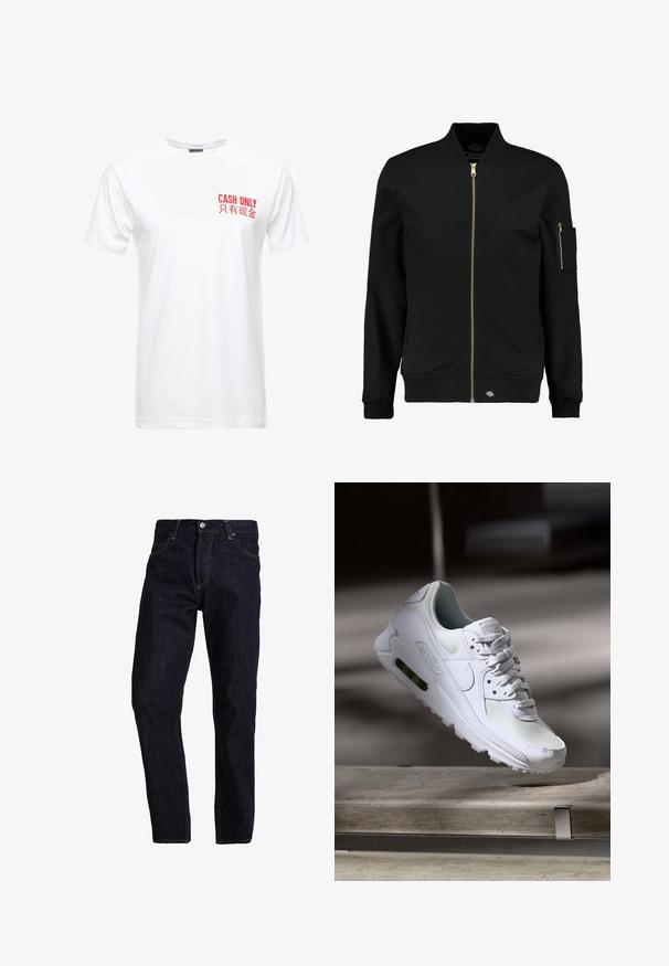 Zwarte bomberjack met een gouden rits, ribbelmanchetten en een patchzak op de linkermouw. Gemaakt van gladde stof, met een ontspannen pasvorm.; Witte katoenen t-shirt met korte mouwen, met daarop in rode drukletters aan de linkerkant van de borst de tekst "CASH ONLY" en de Chinese vertaling ervan.; Donkerblauwe spijkerbroek met een rechte pasvorm, voorzien van gele stiksels, vijf zakken en een klassieke knoop- en ritsluiting.; Witte Nike Air Max 90 sneaker met een bovenwerk van mesh en leer, een geperforeerde teenbox en een zichtbare luchtunit in de hiel.