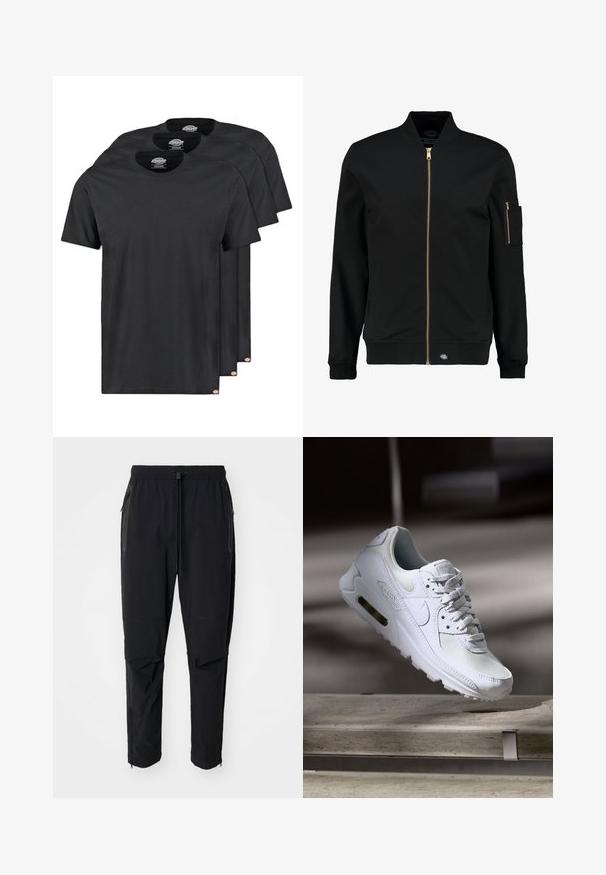 Black bomber jacket with a gold zipper, ribbed cuffs, and a patch pocket on the left sleeve. Made of smooth fabric, featuring a relaxed fit.; Black cotton t-shirts in a pack of three. Crew neck, short sleeves, and a smooth texture. Logo tag at the hem.; Black, lightweight outdoor pants with an elastic waistband and adjustable drawstring. Features zipper pockets and tapered cuffs.; White Nike Air Max 90 sneaker featuring a mesh and leather upper, perforated toe box, and a visible air unit in the heel.