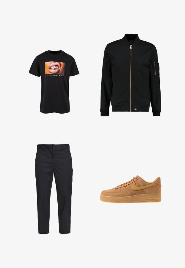Sort bomberjakke med en guld lynlås, ribbet manchetter og en lomme på venstre ærme. Lavet af glat stof med en afslappet pasform.; Sort bomulds t-shirt med et grafik af en åben mund med guld tænder og pink læber samt hvid tekst nedenunder på en farverig baggrund.; Sorte chinos lavet af letvægts bomuldsstof, med lige ben, sidelommer og en knaplukning i taljen.; Nike Sportswear AIR FORCE 1 07 - Sneakers - flax/wheat/light brown/black/team gold