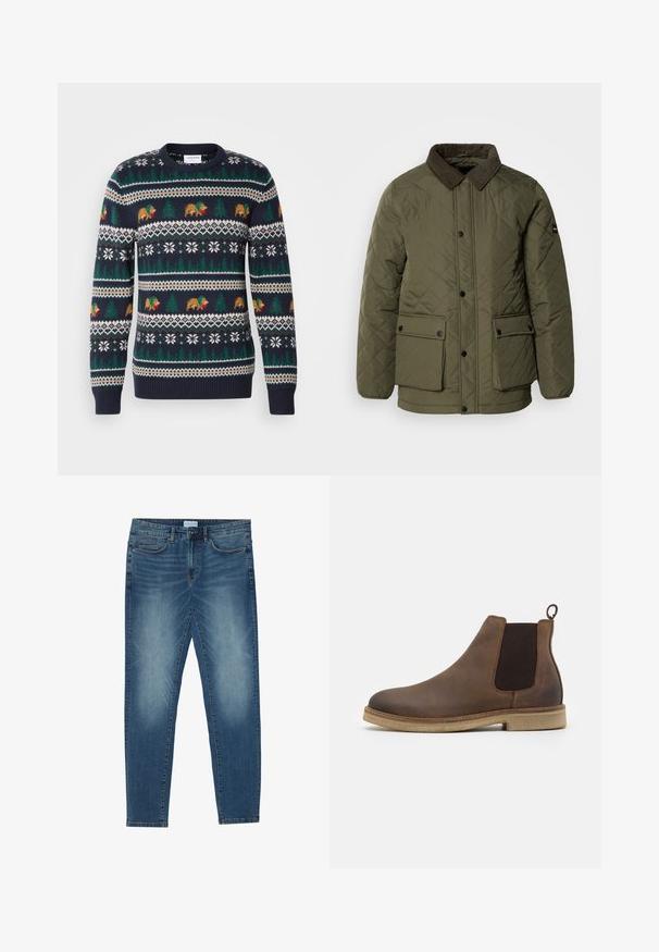Veste matelassée vert olive avec un col en velours côtelé, deux poches avant et des boutons pressions noirs. Le tissu a une texture lisse et un motif en losange.; Pull en tricot bleu marine avec un motif de vacances comprenant des ours, des arbres et des flocons de neige en vert, marron et blanc. Bords côtelés aux poignets et à l'ourlet.; Jean en denim bleu moyen avec un délavage léger, design à cinq poches, coupe droite et accents cousus. Fermeture par bouton et zip.; Botte Chelsea en cuir marron avec des panneaux latéraux élastiques, bout rond, tirette et semelle texturée beige clair.