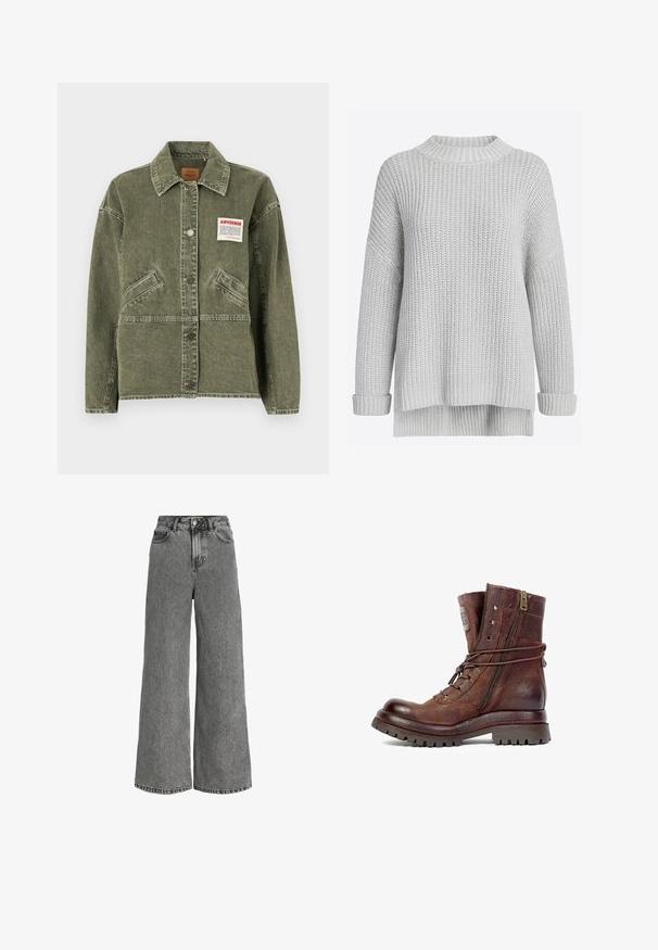 American Vintage UZATOWN - Chaqueta vaquera - olive; Suéter gris de punto con textura gruesa, cuello alto, hombros caídos y puños acanalados. Presenta un dobladillo trasero más largo.; Vaqueros de mezclilla gris de tiro alto con pierna ancha, cierre frontal con botones y cremallera, y diseño de cinco bolsillos.; Botín de piel marrón con cremallera lateral, cordones envueltos, suela robusta y textura desgastada sobre fondo blanco.
