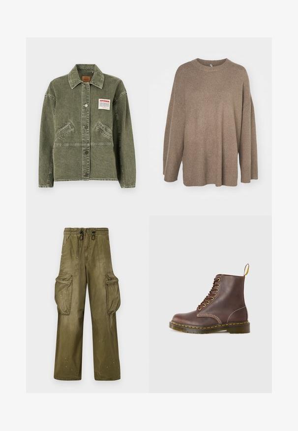 American Vintage UZATOWN - Chaqueta vaquera - olive; Suéter marrón de gran tamaño con dobladillo acanalado, mangas anchas y cuello redondo. Textura suave, diseño minimalista sin patrones.; Pantalones cargo verde oliva con un corte relajado, cinturilla elástica, cordón, dos bolsillos laterales y dos grandes bolsillos cargo. Ligera distorsión.; Botas marrones de cuero con cordones, con costuras amarillas, punta redonda y una suela de goma resistente. Presentan una lengüeta en el talón para facilitar el calzado.