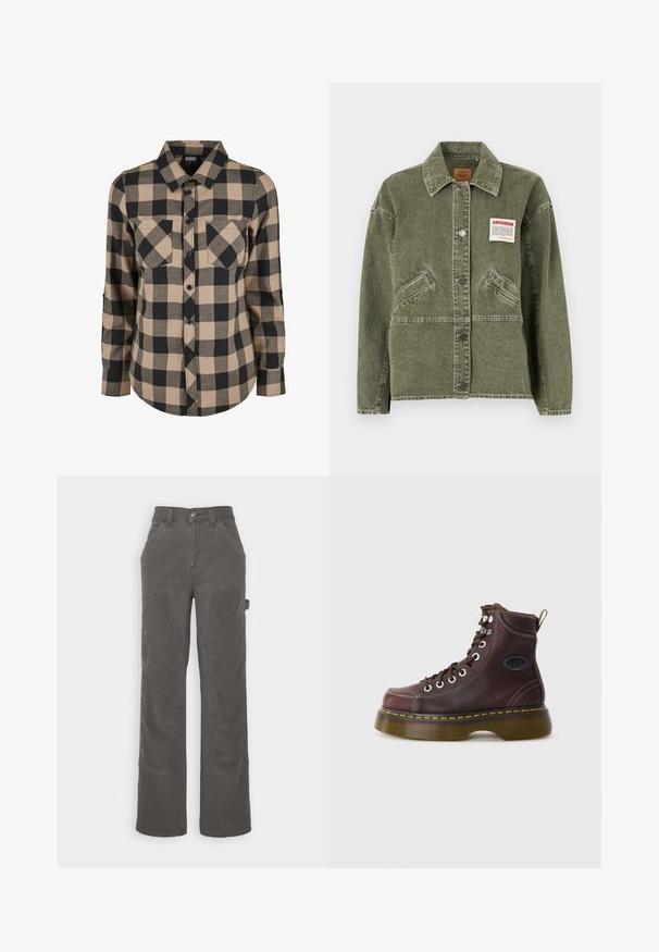 American Vintage UZATOWN - Veste en jean - olive; Chemise à carreaux noire et beige avec des manches longues, boutonnière à l'avant, deux poches poitrine et un ourlet arrondi. Fabriquée en tissu doux.; BDG Urban Outfitters PANEL CARPENTER - Pantalon cargo - charcoal; Bottine en cuir marron avec une surface texturée, œillets en argent et couture jaune. Dispose d'une semelle épaisse translucide et d'une languette.