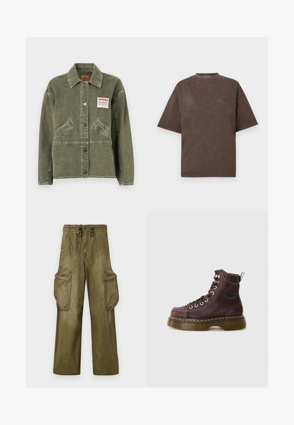 American Vintage UZATOWN - Cowboyjakker - olive; Brun oversized T-shirt med korte ærmer og en subtil vaskede tekstur samt rund hals mod en ensfarvet lys baggrund.; Olivengrønne cargobukser med en afslappet pasform, elastisk talje, snøre, to sidelommer og to store cargolommer. Let slid.; Brun læder ankelstøvle med tekstureret overflade, sølv øjer og gul syning. Har en kraftig gennemsigtig sål og en trækstrop.