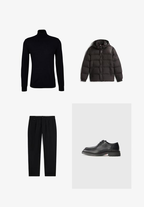 Chaqueta puffer negra con capucha, que presenta un diseño acolchado, cierre de botón a presión y dos bolsillos frontales con cremallera. Logo en la manga izquierda.; Suéter negro de cuello alto en un tejido de punto suave. Presenta mangas largas, un cuello ajustado y puños y dobladillo acanalados para un ajuste ceñido.; Pantalones formales negros con cierre de botón y cremallera, bolsillos laterales y trabillas para cinturón, mostrados sobre un fondo blanco.; Zapato de cuero negro con textura suave, punta redonda y costura grabada poco profunda. Suela de goma gruesa con un ligero tacón y patrón de agarre.