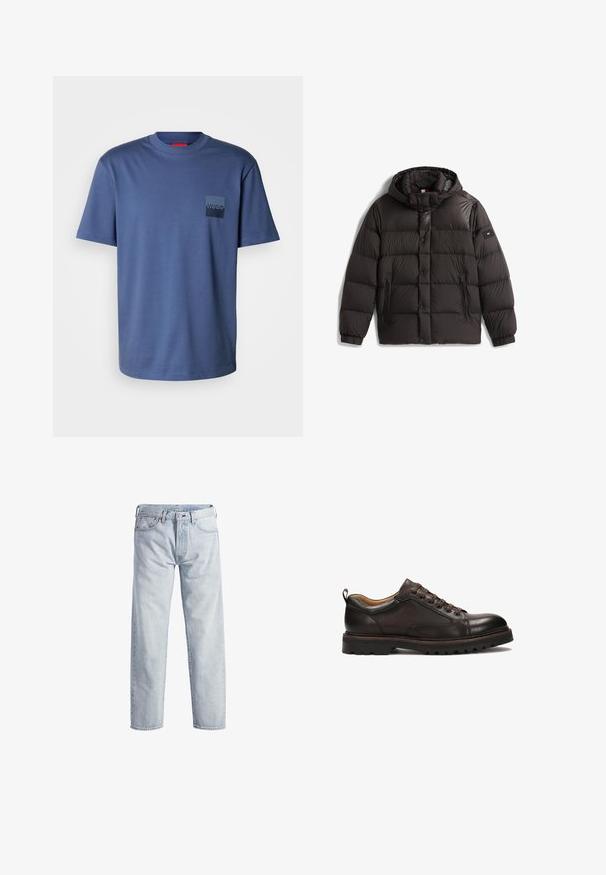 Mustmust must jacket kapuutsiga, millel on tikand, nupudega sulgemine ja kaks lukuga eesmist taskut. Logo vasakul varrukal.; Sinine lühikeste varrukatega T-särk, mis on valmistatud pehmest puuvillast, millel on ruudukujuline tasku tumedamat sinist logoga. Klassikaline ümar kaelus.; Heledad sinised teksad sirge sääre disainiga, nupuga lend, viis taskut ja peene fadestruktuuriga. Omab metallist aksessuaare.; Pruunist nahast king, millel on sile viimistlus, ümmargune varvas ja 6 silmadega seotud disain. Sisaldab mustriga talla, mis tagab haarde ja vastupidavuse.