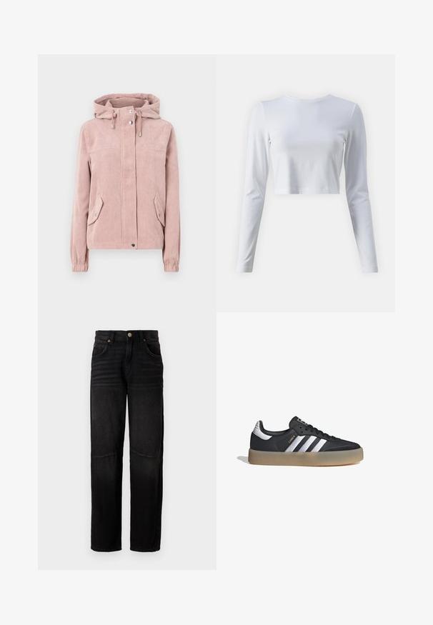 Chaqueta de pana en un suave color rosa, con capucha, cierre delantero con cremallera, puños elásticos y dos bolsillos laterales. La tela tiene una textura acanalada.; Camisa blanca de manga larga cortada, hecha de un tejido suave. Presenta un clásico escote redondo y mangas ajustadas. Textura suave, diseño minimalista.; Vaqueros de denim negro con corte recto, estilo de cinco bolsillos, cierre de botón y sutil desgaste en los muslos y las rodillas.; Zapatilla deportiva de cuero negro con tres rayas plateadas, punta texturizada y suela de goma. Cuenta con un collar acolchado y un diseño con cordones.