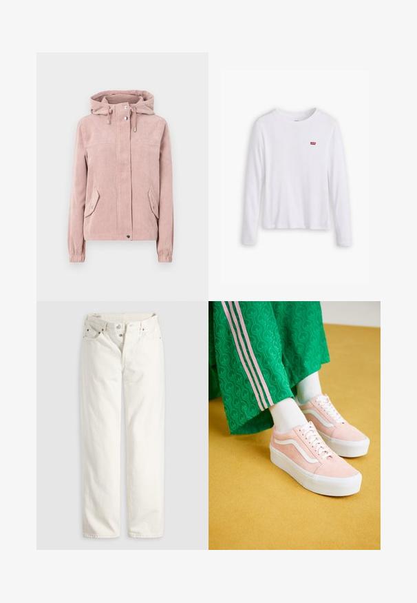 Veste en velours côtelé rose doux, avec une capuche, fermeture éclair à l'avant, poignets élastiques et deux poches latérales. Le tissu a une texture côtelée.; Chemise blanche à manches longues en coton doux. Présente un petit logo rouge Levi's sur la poitrine gauche. Design classique à col rond.; Jean blanc taille haute à jambes droites avec braguette à boutons, poches avant et arrière, et rivets en cuivre visibles aux coins des poches.; Baskets en daim rose avec des accents blancs et des semelles blanches épaisses, associées à un pantalon vert à motifs avec des bandes latérales roses.