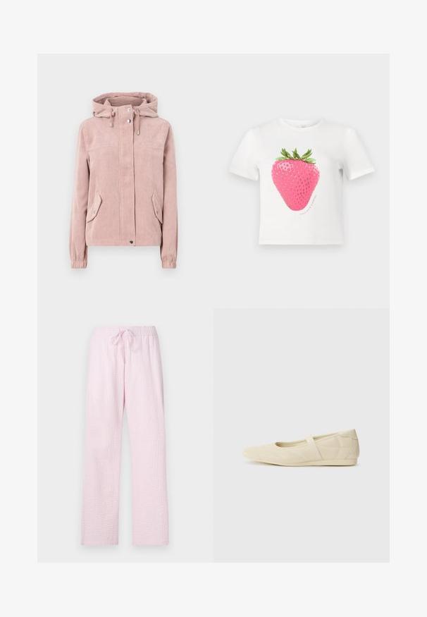Chaqueta de pana en un suave color rosa, con capucha, cierre delantero con cremallera, puños elásticos y dos bolsillos laterales. La tela tiene una textura acanalada.; Camiseta de algodón blanca con un gran gráfico de fresa rosa con hojas verdes, acompañada del texto "CRECIENDO Y BRILLANDO" en un diseño circular.; Pantalones de pijama color rosa claro en una tela texturizada con un corte holgado, que cuentan con una cintura elástica y un cordón para ajustes.; Bailarinas beige con un exterior de cuero liso, punta en forma de almendra y una correa elástica en el empeine, con detalles de costura sutiles.