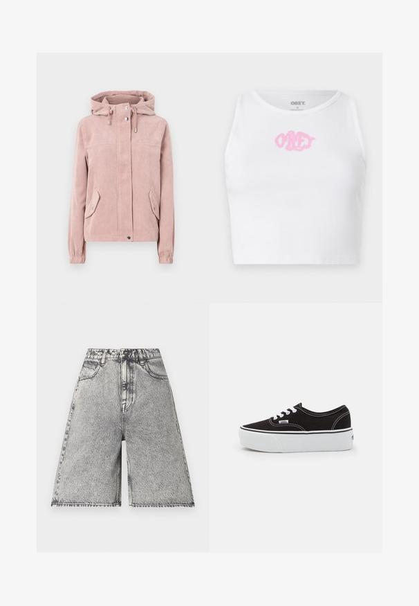 Veste en velours côtelé rose doux, avec une capuche, fermeture éclair à l'avant, poignets élastiques et deux poches latérales. Le tissu a une texture côtelée.; Crop top blanc à côtes avec un logo "OBEY" rose au centre. Conçu avec un col rond et sans manches.; Shorts en denim avec un motif délavé noir et gris, présentés avec une taille haute, des passants de ceinture et cinq poches. Les bords sont finis.; Baskets en toile noires avec une semelle en caoutchouc blanc, dotées de lacets et de coutures blanches, marquage emblématique sur le côté, design basse.