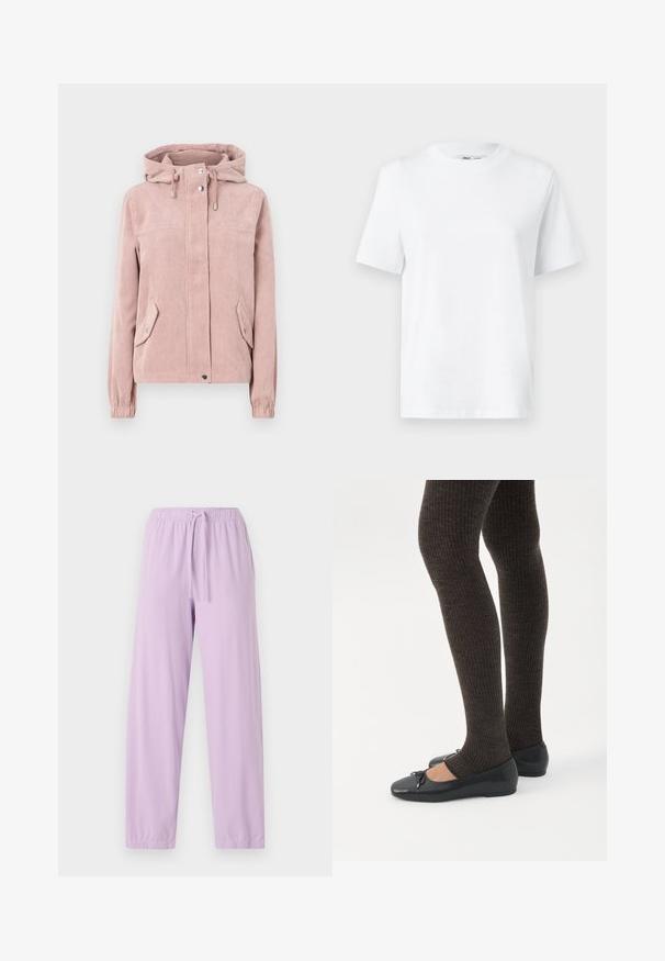Pehmeast roosast corduroy'ist jakk, millel on kapuuts, lukuga esiosa, elastsed mansetid ja kaks küljetaskut. Kangas on ribakujuline.; Valge puuvillane ümarakaelusega T-särk, millel on lühikesed varrukad ja sile tekstuur. Kujundatud mugava ja mitmekesise istuvuse jaoks.; Heledad liladžoggeripüksid pehmest kangast, elastse vöökoha ja reguleeritava nööriga; kitsenev säärekujundus.; Jalad seljas tumedad soonelises soonelises kombines mustade baleriinadega, millel on väikesed paelade detailid valgel taustal.