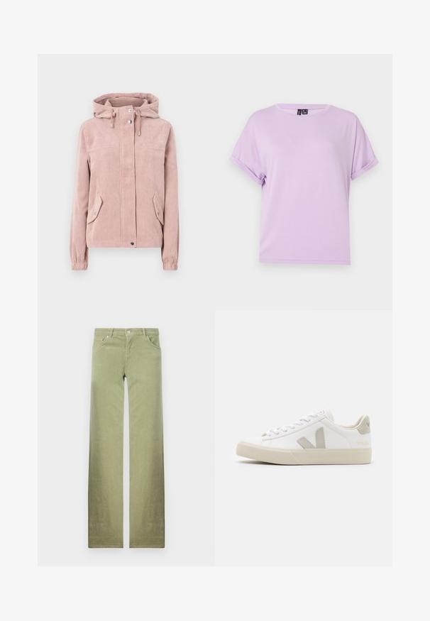 Cord-Jacke in sanftem Pink, mit Kapuze, Reißverschluss vorne, elastischen Bündchen und zwei Seitentaschen. Der Stoff hat eine gerippte Textur.; Lila T-Shirt mit kurzen Ärmeln aus weichem Stoff, mit lockerem Schnitt und umgeschlagenen Bündchen. Schlichte Crew-Halsausschnitt ohne Muster oder Akzente.; Grüne Baumwollhosen mit geradem Bein-Design, ausgestattet mit Vorderaschen, einem Knopfverschluss und einem klaren, strukturierten Stofffinish.; Weiße Sneaker aus Leder mit grauen V-Logo-Akzenten, strukturiertem Gummiabsatz, weißen Schnürsenkeln sowie gepolstertem Zungen- und Knöchelbereich.