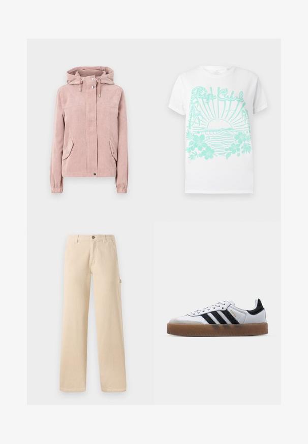 Veste en velours côtelé rose doux, avec une capuche, fermeture éclair à l'avant, poignets élastiques et deux poches latérales. Le tissu a une texture côtelée.; T-shirt blanche à manches courtes avec impression turquoise d'un soleil se couchant sur des vagues océaniques, des palmiers, des fleurs d'hibiscus et le texte "Rip Curl".; Pantalons en velours côtelé beige avec une coupe large, texture à côtes verticales, poches avant et détail de bouton sur le côté.; Baskets en cuir blanc avec des rayures noires, semelle extérieure en caoutchouc beige, bout rond, fermeture lacée et embout en suède gris doux.