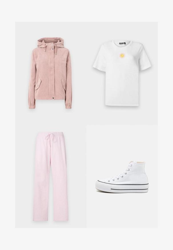 Chaqueta de pana en un suave color rosa, con capucha, cierre delantero con cremallera, puños elásticos y dos bolsillos laterales. La tela tiene una textura acanalada.; Camiseta de algodón blanca de manga corta con un pequeño diseño de sol bordado en amarillo y rosa en el pecho.; Pantalones de pijama color rosa claro en una tela texturizada con un corte holgado, que cuentan con una cintura elástica y un cordón para ajustes.; Zapatillas altas blancas de material de lienzo, con suela de goma negra y una franja negra en el mediopie. Punta circular y diseño de cordones.