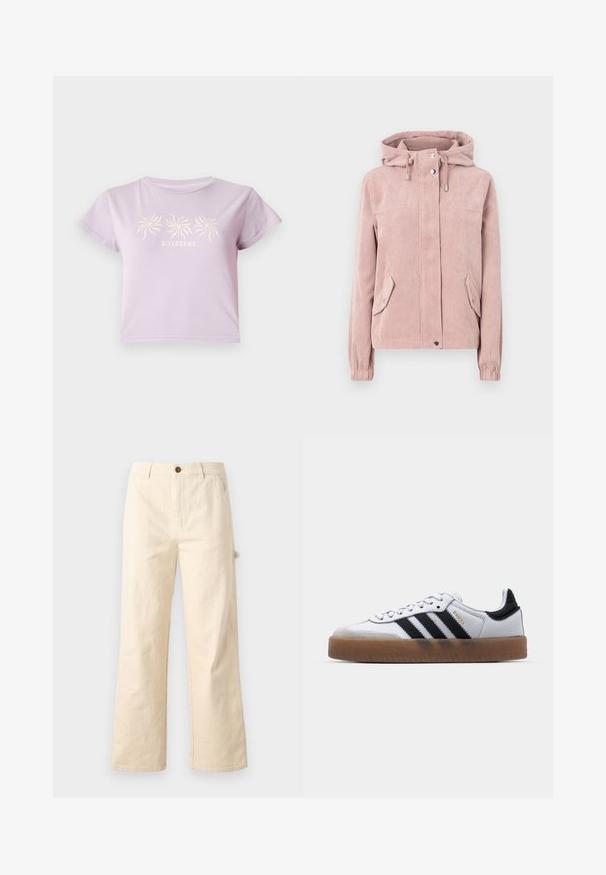 Comfortabele corduroy jas in zacht roze, met een capuchon, rits aan de voorkant, elastische manchetten en twee zijzakken. De stof heeft een ribbeltextuur.; Lila katoenen T-shirt met korte mouwen, met een grafische afdruk van drie spiralen boven de tekst "BILLABONG" in een lichtere tint.; Wijdvallende beige broek van katoen met een knoopsluiting, voorzien van zijzakken en een strakke, minimalistische uitstraling.; Witte leren sneakers met zwarte strepen, gumrubberen buitenzool, ronde neus, vetersluiting en een zachte grijze suède neuskap.