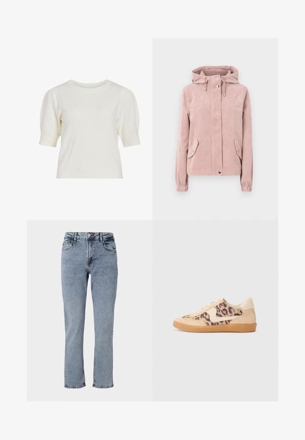 Fløjljakke i blød pink, med hætte, lynlås foran, elastiske manchetter og to sidelommer. Stoffet har en ribbet tekstur.; Hvid, kortærmet strikket top med rund halsudskæring og pufærmer. Glat tekstur og tætsiddende silhuet, velegnet til hverdag.; Lyseblå denimjeans med høj talje, fem lommer og lige ben design. Har subtile falmninger og kontraststing detaljer.; Leopardprint sneakers med beige ruskindsoverdel, tan gummisål og hvide detaljer. Rund pegefinger og snørebåndsdesign med en tekstureret finish.