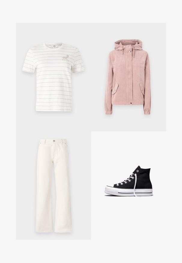 Veste en velours côtelé rose doux, avec une capuche, fermeture éclair à l'avant, poignets élastiques et deux poches latérales. Le tissu a une texture côtelée.; T-shirt blanc en coton avec de fines rayures horizontales beiges, col rond, manches courtes, et un petit motif imprimé sur la poitrine gauche.; Jean large blanc en denim, avec une fermeture à bouton à l'avant, cinq poches et une texture lisse sans motif visible.; Baskets montantes en toile noire avec semelle en caoutchouc blanche et lacets blancs, vues de côté sur un fond blanc.