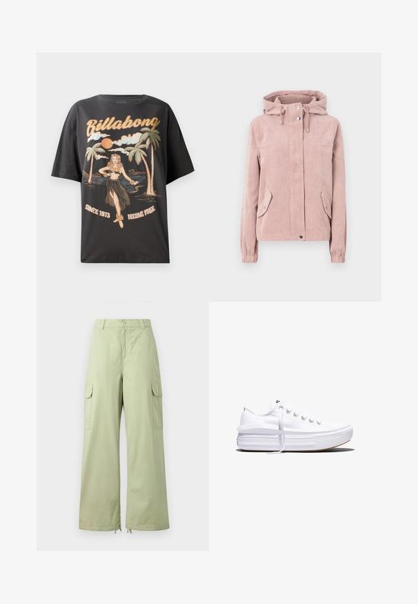 Cord-Jacke in sanftem Pink, mit Kapuze, Reißverschluss vorne, elastischen Bündchen und zwei Seitentaschen. Der Stoff hat eine gerippte Textur.; Schwarzes Baumwoll-T-Shirt mit einem farbenfrohen Grafikmotiv eines Hula-Tänzers, Palmen und dem Schriftzug "Billabong" in fetten Buchstaben.; Helle grüne Cargo-Hose mit weitem Bein, aus Baumwolle. Verfügt über zwei Seitentaschen und einen Knopfverschluss. Glatte Textur und lässiges Design.; Weißer Canvas-Sneaker mit niedrigem Schnitt, dicker Plateau-Sohle, vorderer Schnürung und rauer Gummikappe an der Spitze, aus seitlicher Ansicht gezeigt.