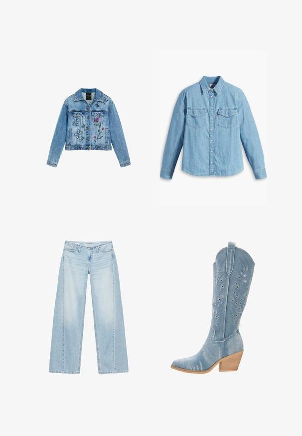 Blaue Jeansjacke mit Knopfleiste, bestickte schwarz umrandete Schmetterlinge auf der linken Seite und pinkes Wildblumenmuster auf dem rechten Vorderteil.; Helles blaues Denimhemd mit langen Ärmeln, spitzem Kragen, zwei Brusttaschen, Knopfleiste und subtiler Struktur. Keine sichtbaren Muster.; Hellblaue Jeans mit weitem Bein, vorderen Taschen, Gürtelschlaufen und Knopfverschluss.; Denim-Cowboy-Stiefel, hellblau, spitz zulaufende Zehenpartie, Ausschnittdetails mit dreieckigen Formen, niedriger, gestapelter Absatz, strukturierte Oberfläche.
