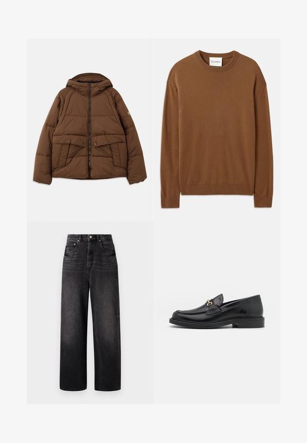 Brun polstret jakke med hætte, med lynlås lukning, to forlommer med klap og en boxy form. Fremstillet af quiltet materiale.; CLOSED CREW NECK LONG SLEEVE - Striktrøje - light mocha brown; Sorte denim jeans med løstsiddende pasform, høj talje, fem lommer og synlig knaplukning. Har diskret falmning og lige ben design.; Sorte læder loafers med en rund tå, der har guld hardware accent og syningsdetaljer, placeret på en lav, tekstureret gummisål.
