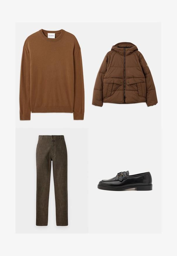 Bruine gewatteerde jas met capuchon, beschikt over een ritsluiting, twee rechthoekige voorzakken met kleppen en heeft een boxy vorm. Gemaakt van doorgestikte stof.; CLOSED CREW NECK LONG SLEEVE - Trui - light mocha brown; Bruine corduroy broek met verticale strepen, een rechte pasvorm en een frontsluiting met knoop. Soepele textuur met een klassiek ontwerp.; Zwarte leren instappers met een ronde neus en een decoratieve gesp. Platte, stevige hak en een gladde textuur overal.