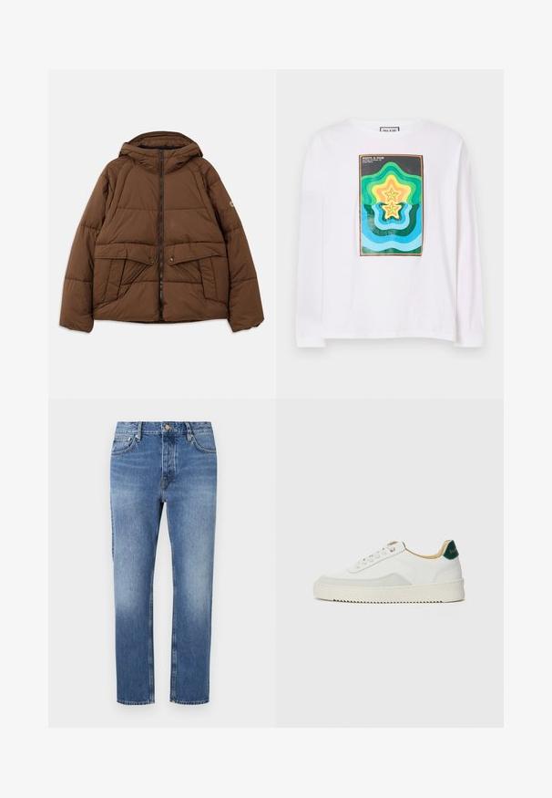 Braune gepolsterte Jacke mit Kapuze, verfügt über einen Reißverschluss, zwei Fronttaschen mit Klappen und eine kastige Form. Hergestellt aus gestepptem Material.; Weißes Langarm-T-Shirt mit einem bunten geometrischen Druck, der geschichtete Sternformen in Grün, Gelb und Blau zeigt, umrahmt von einem dunklen Rand.; Blaue Jeans aus Denim mit geradem Bein, heller Waschung, klassischem Fünf-Taschen-Stil und vorderem Knopfverschluss.; Weiße Sneaker mit Wildlederelementen, runder Zehenpartie, flachen Schnürsenkeln und einer cremefarbenen Gummisohle. Mit grünen Markenlogo am Fersenbereich.
