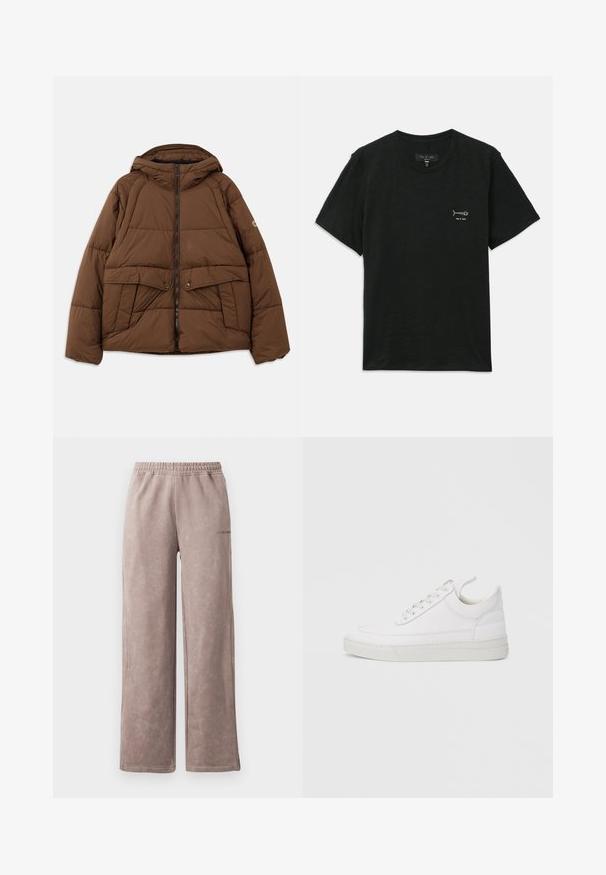 Veste matelassée marron avec capuche, dotée d'une fermeture éclair, de deux poches avant avec rabats et d'une coupe carrée. Fabriquée en tissu matelassé.; T-shirt noir à manches courtes en tissu doux, avec un petit design de nageoire blanche sur la poitrine gauche. Encolure ronde, coupe décontractée.; Pantalons de jogging brun clair avec une finition douce et texturée, design à jambes larges, taille élastiquée et subtil logo sur le côté.; Baskets en cuir blanc avec un embout arrondi, une semelle plate et un laçage à l'avant. Présentent des détails de couture et un col rembourré pour plus de confort.