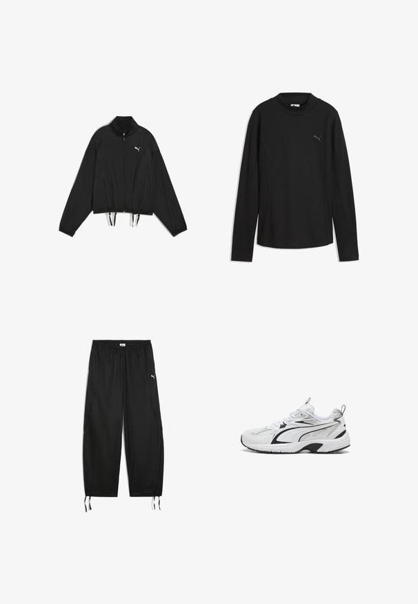 Schwarze, kurz geschnittene Jacke aus leichtem Material, mit durchgehendem Reißverschluss, Stehkragen, elastischen Bündchen und Kordelzugsaum. Logo auf der Brust.; Schwarzes, langärmeliges, geripptes Shirt mit Stehkragen und kleinem Puma-Logo auf der oberen linken Brust.; Schwarze Sporthosen aus leichtem Stoff mit einem elastischen Bund, Kordelzügen an den Säumen und Seitennähten. Verfügt über ein kleines weißes Logo.; Schwarze und weiße Sport sneakers mit Mesh- und Lederdetails, Schnürverschluss und dicker gepolsterter Sohle auf weißem Hintergrund.