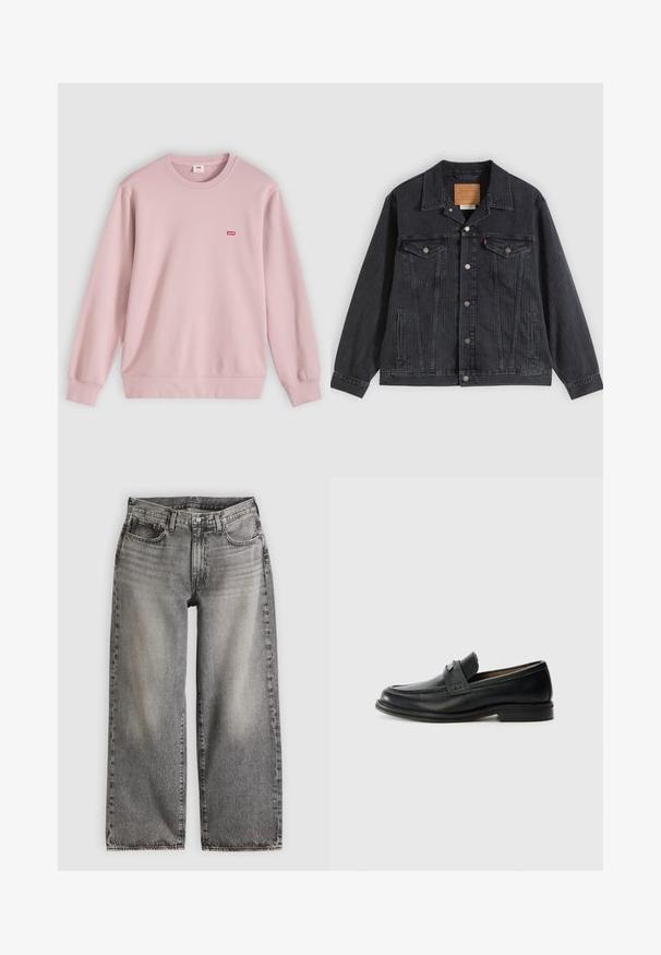 Veste en denim noir avec fermeture à boutons, deux poches poitrine, poches latérales et texture côtelée verticale. Patch en cuir à l'intérieur du col.; Sweat-shirt à col rond rose clair avec manches longues et petit logo Levi’s rouge sur la poitrine gauche, présenté sur un fond clair et plat.; Jean large en denim noir délavé, avec une taille haute, cinq poches et des détails de couture subtils le long des coutures.; Mocassins en cuir noir avec une finition lisse, dotés d'une bande supérieure texturée, d'un talon bas et de détails de couture minimalistes.