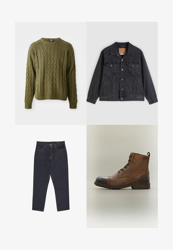 Schwarze Jeansjacke mit Knopfleiste, zwei Brusttaschen, Seitentaschen und vertikal geripptem Muster. Lederpatch auf der Innenseite des Kragens.; Grüner Kabelstrickpullover mit Rundhals, strukturiertem Muster, Rippbündchen und Saum, der Farbkleckse im gesamten Stoff aufweist.; Dunkelblaue Denim-Jeans mit geraden Beinen, Fronttaschen, Gürtelschlaufen und sichtbaren Nähten auf weißem Hintergrund.; Brauner Leder-Schnürstiefel bis zum Knöchel mit schwarzer Zehenkappe, runder Sohle und Markenlabel an der Seite vor schlichtem Hintergrund.