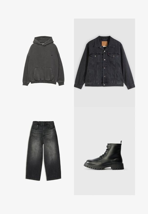 Sort denimjakke med knappelukning foran, to brystlommer, sidelommer og lodret ribbet struktur. Læderpatch på kravens inderside.; Mørkegrå hætte sweatshirt med frontlomme, ribbede ærmer og kant, samt lille sort broderet logo på brystet.; Sortvaskede denimbukser med vide ben, for- og baglommer, bæltestropper og en knaplukning i taljen.; Sorte læder ankelsko med rund tå, seks huller til snørebånd og en tyk, tekstureret sål med dybe riller.