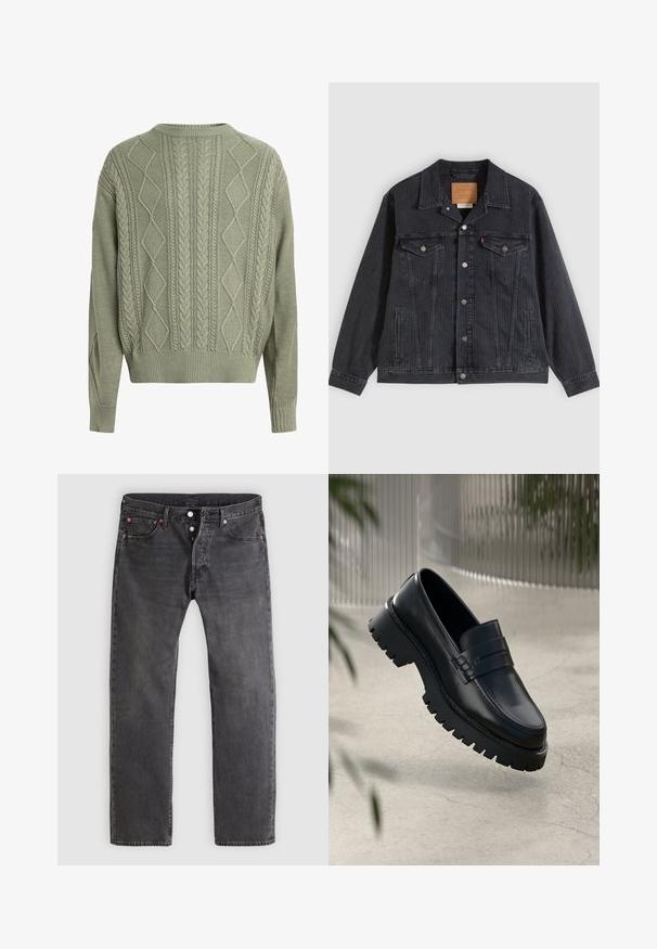 Sort denimjakke med knappelukning foran, to brystlommer, sidelommer og lodret ribbet struktur. Læderpatch på kravens inderside.; Grøn kabelstrik sweater med diamant- og fletmønstre, rund halsudskæring samt ribbede manchetter og kant, lavet af et tekstureret strikmateriale.; Falsk sort denim jeans med en lige ben-design, knaplukning og kobbernitter. Har fem lommer og diskrete slidmønstre.; Sorte læder loafers med en chunky sål, der har en dekorativ rem og syninger. Glat tekstur med en poleret overflade.