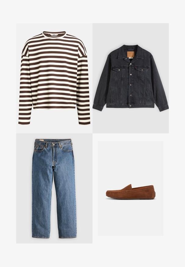Sort denimjakke med knappelukning foran, to brystlommer, sidelommer og lodret ribbet struktur. Læderpatch på kravens inderside.; Brun og creme stribet langærmet top med en rund halsudskæring, ribbet tekstur og sænkede skuldersømme, der har en cropped pasform.; Blå denimjeans med lige snit, der har høj talje, kobbernitter og orange syninger. Foran og bagpå er der lommer.; Brun mokkasinsko til herrer i ruskind med gummisål og mokkasinstil syninger, set fra siden mod en hvid baggrund.