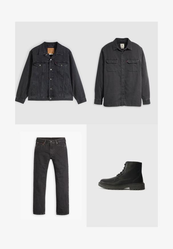 Sort denimjakke med knappelukning foran, to brystlommer, sidelommer og lodret ribbet struktur. Læderpatch på kravens inderside.; Sort langærmet skjorte med knappet front, krave og to brystlommer. Lavet af bomuld med en blød tekstur og en afslappet pasform.; Sorte straight-leg denim jeans med fem lommer, knaplukning og copper nitter liggende fladt på en hvid baggrund.; Sort læder ankelstøvle med snørebånd, tyk gummisål, tekstureret overflade og forstærket syning. Har minimalistisk branding.