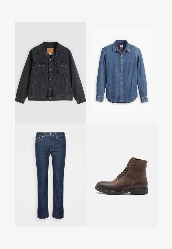Zwarte spijkerjasje met een knoopsluiting aan de voorkant, twee borstzakken, zijzakken en een verticale geribbelde textuur. Leren patch aan de binnenkant van de kraag.; Donkerblauw denim shirt met een button-down kraag, lange mouwen, gestikte accenten en een klein rood logo op de borstzak.; Donkerblauwe rechte spijkerbroek met oranje stiksels, vijf zakken en een ritssluiting met knoop aan de voorkant.; Jack & Jones JFWDELANEY BOOT - Veterboots - cognac