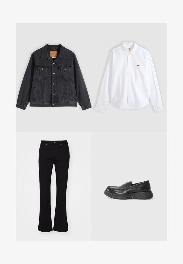 Schwarze Jeansjacke mit Knopfleiste, zwei Brusttaschen, Seitentaschen und vertikal geripptem Muster. Lederpatch auf der Innenseite des Kragens.; Weißes langärmliges Hemd mit Knopfleiste und Kragen sowie kleinem rotem Levi's-Logo auf der linken Brustseite vor neutralem Hintergrund.; Schwarze hoch taillierte Schlagjeans mit Knopfverschluss vorne und fünf Taschen, auf einem weißen Hintergrund präsentiert.; Schwarzer Leder-Schlupfschuh im Mokassin-Stil, mit runder Zehenpartie, dicker Gummisohle und feinen Steppnähten im oberen Bereich.