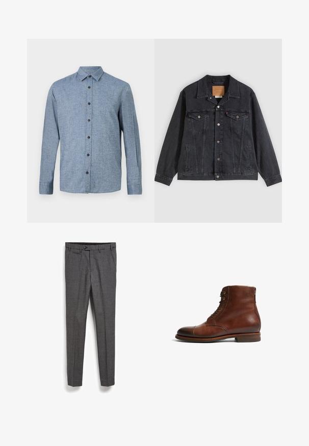 Veste en denim noir avec fermeture à boutons, deux poches poitrine, poches latérales et texture côtelée verticale. Patch en cuir à l'intérieur du col.; Chemise à manches longues en tissu bleu clair avec un tissage texturé, dotée d'un col et de six boutons marron foncé sur le devant.; Pantalons gris ajustés en tissu texturé, avec une poche avant et une coupe droite. Dotés d'une fermeture à bouton à la taille.; Bottines en cuir marron avec un bout rond, 6 œillets et une finition lisse. Dotées d'un talon bas empilé et de coutures contrastantes.