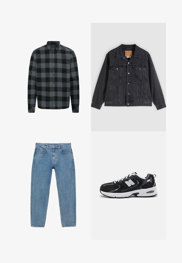 Veste en denim noir avec fermeture à boutons, deux poches poitrine, poches latérales et texture côtelée verticale. Patch en cuir à l'intérieur du col.; Chemise en flanelle à carreaux gris et noirs avec des manches longues, un col boutonné et des boutons sur le devant. Texture douce avec une coupe décontractée.; Jean en denim bleu clair avec jambes droites, conception à cinq poches, fermeture par bouton et zip, et passants pour ceinture.; Baskets de sport noires et grises avec un tige en mesh et en suède, présentant une semelle intermédiaire blanche, des lacets et un logo "N" audacieux sur le côté.