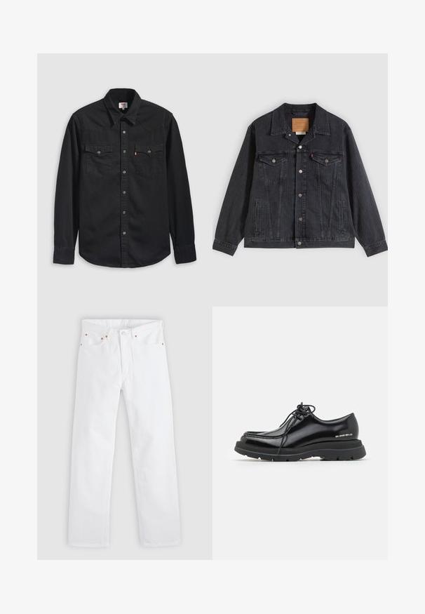 Musta denimtakki, jossa on nappikiinnitys edessä, kaksi rintataskua, sivutaskut ja pystysuora ribbineulos.; Musta denimpaita, jossa on napitettava etuosa, kaksi rintataskua ja terävä kaulus, jossa on näkyvät ompelu- ja tikkausyksityiskohdat.; Valkoiset suoralahkeiset farkut, joissa on viisipokkainen muotoilu, napin ja vetoketjun suljenta sekä kupariset niittikoristeet taskuissa.; Musta nahkakengät pyöreällä varvalla, paksulla kumipohjalla, nauhakiinnityksellä ja erottuvalla ompeleella reunan ympärillä.