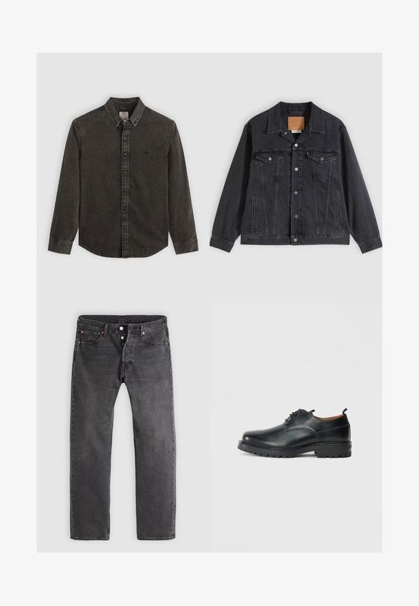 Veste en denim noir avec fermeture à boutons, deux poches poitrine, poches latérales et texture côtelée verticale. Patch en cuir à l'intérieur du col.; Chemise en denim gris foncé avec manches longues, col boutonné et fermeture à l'avant par boutons. Possède des coutures décoratives et un petit logo sur la poitrine.; Jean en denim noir délavé avec une coupe jambe droite, braguette à boutons et rivets en cuivre. Comprend cinq poches et des motifs d'usure subtils.; Chaussures derby en cuir noir avec une texture lisse, bout rond, design à lacets et une semelle en caoutchouc épaisse et robuste.
