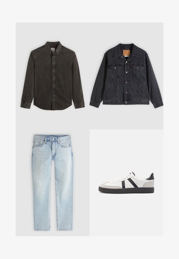 Veste en denim noir avec fermeture à boutons, deux poches poitrine, poches latérales et texture côtelée verticale. Patch en cuir à l'intérieur du col.; Chemise en denim gris foncé avec manches longues, col boutonné et fermeture à l'avant par boutons. Possède des coutures décoratives et un petit logo sur la poitrine.; Jean bleu clair à jambes droites, fermeture devant par bouton et fermeture éclair, poches avant et arrière, avec des détails de couture visibles.; Baskets blanches avec des accents noirs et gris, présentant un embout texturé gris, une semelle en caoutchouc noir et des lacets plats blancs. Design épuré, style minimaliste.