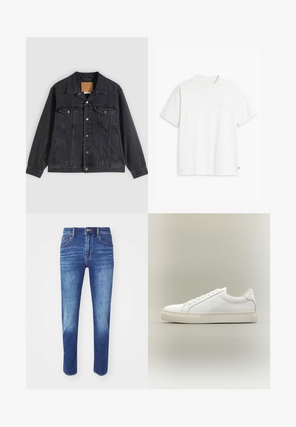 Schwarze Jeansjacke mit Knopfleiste, zwei Brusttaschen, Seitentaschen und vertikal geripptem Muster. Lederpatch auf der Innenseite des Kragens.; Weißes Baumwoll-T-Shirt mit kurzen Ärmeln, rundem Ausschnitt und einem dezenten "Levi's"-Logo in heller Farbe auf der Vorderseite.; Blaue Denim-Jeans mit geradem Schnitt, fünf Taschen-Design und klassischem Knopfverschluss. Merkmale sind dezente Ausbleichungen und gestickte Details.; Weißer Sneaker mit niedrigem Schaft, vorn mit Schnürung und dicker Sohle, aus der Seitenansicht vor neutralem Hintergrund.