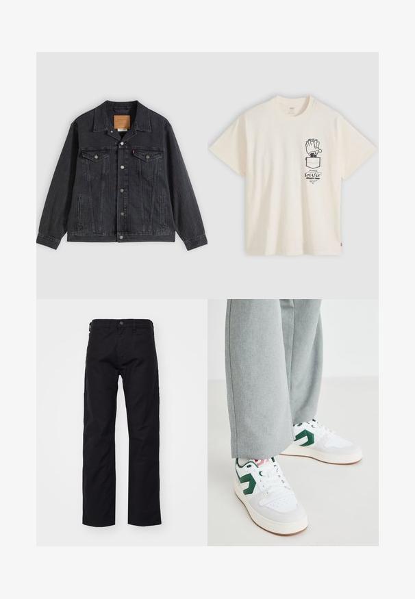 Čierna džínsová bunda s gombíkmi na prednej strane, dvoma náprsnými vreckami, bočnými vreckami a vertikálnou rebrovanou textúrou. Kožená náplasť na vnútornom golieri.; Krémové tričko s čiernou kreslenou rukou tlieskajúcou nad vreckom a štýlovým textom pod ním na ľavej strane hrudníka.; Čierne plátnené nohavice so strihaťou rovného strihu, ktoré majú predné zapínanie na gombík, pútka na opasok a bočné vrecká. Povrch je hladký a odolný.; Biele a zelené tenisky zo hladkej kože a semišu, s výrazným zeleným logom a bielymi šnúrkami. Šedé nohavice sú čiastočne viditeľné.