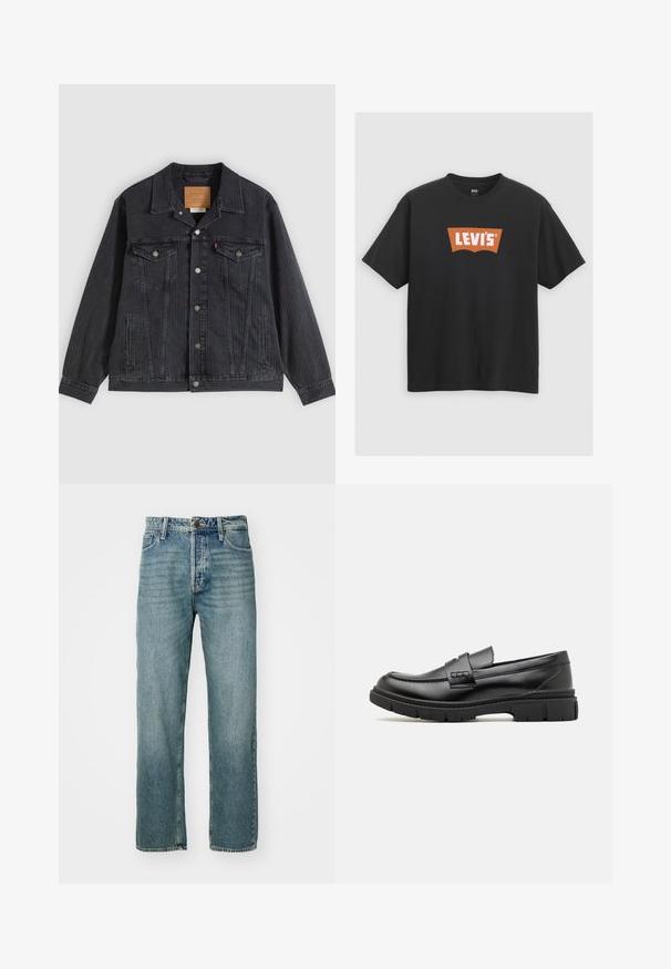 Sort denimjakke med knappelukning foran, to brystlommer, sidelommer og lodret ribbet struktur. Læderpatch på kravens inderside.; Sort bomulds t-shirt med et stort orange Levi's logo på forsiden, korte ærmer og rund halskrave.; Lysblå denimjeans med lige pasform, fem-lomme design og synlig syning. Har en metalknap og lynlåslukning.; Sort læder loafersko med en bred rem over forfoden, gummisål med tykke mønstre og glat overflade. Klassisk, slankt design.